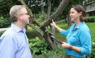 consulting arborist talking with homeowner pointing at tree in yard