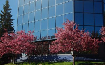 Commercial Office Building with Flowering Apple Trees